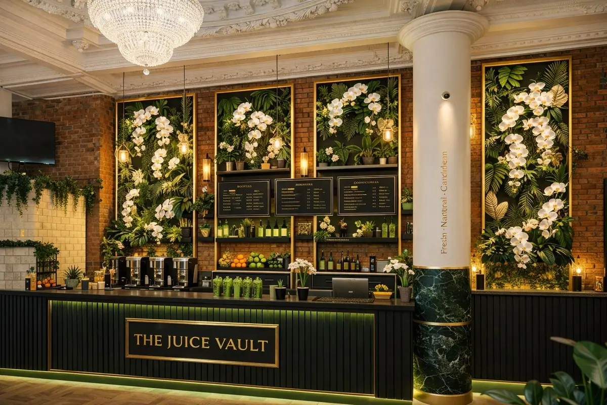The juice bar counter, framed by orchids and planting beneath the chandeliers.