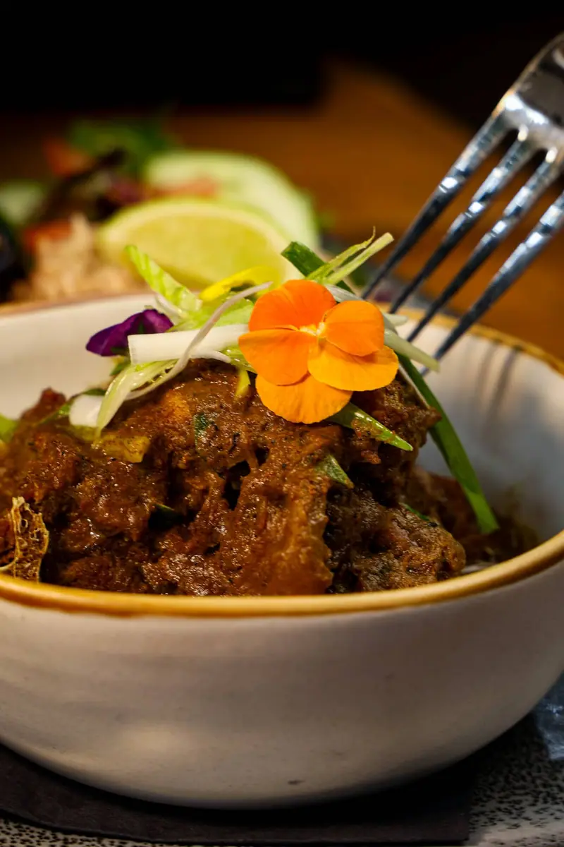 A bowl of slow-cooked curry finished with herbs and an edible flower.