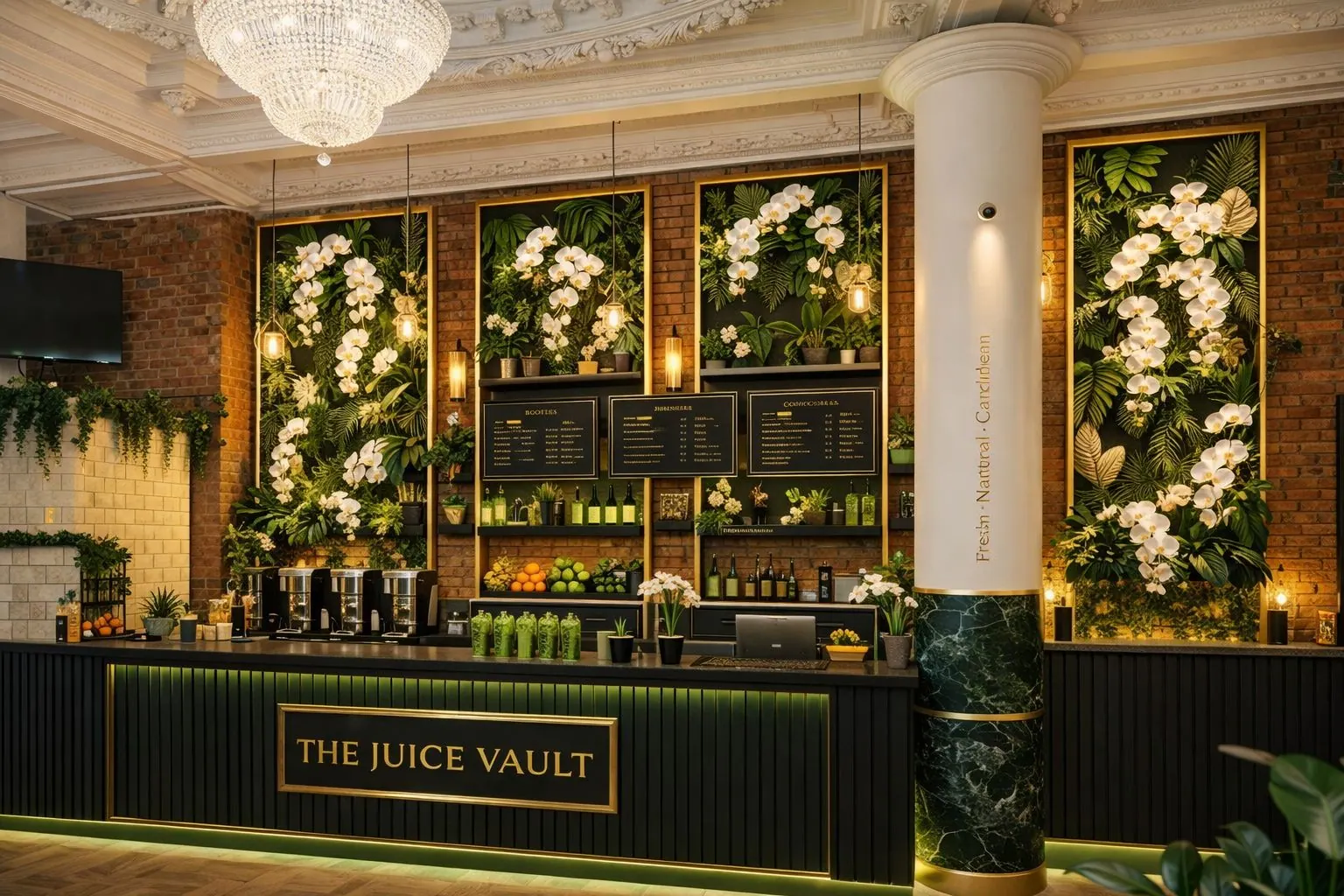 The juice bar counter, framed by orchids and planting beneath the chandeliers.